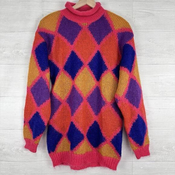 Vintage Rolled Neck Sweater Women M Mohair Blend Whimsical Diamond Oversized Y2K - Picture 2 of 12